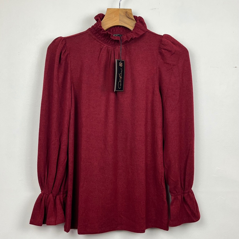 DG2 by Diane‎ Gilman Ruffle Mock Neck Top Burgundy Wine XS NEW